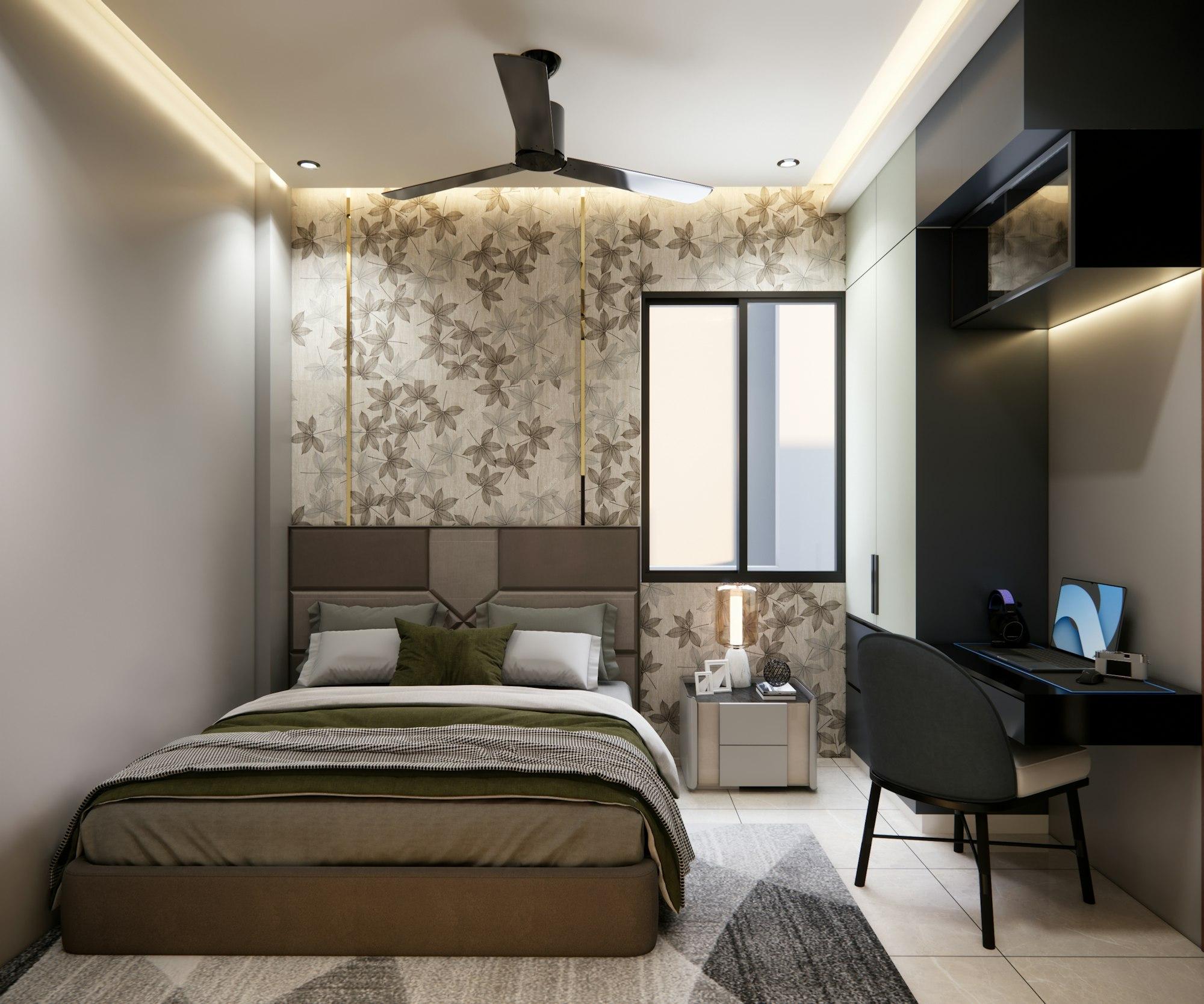 Master bedroom of a luxury apartment with a study nook and warm textured finishes