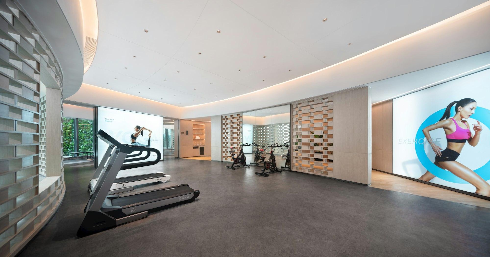 Fully equipped residential gymnasium with cardio machines and free-weight zones